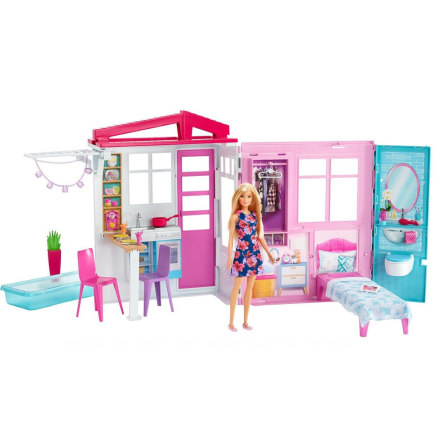 Barbie Dockhus, Portabelt Hus med Pool och Tillbehör