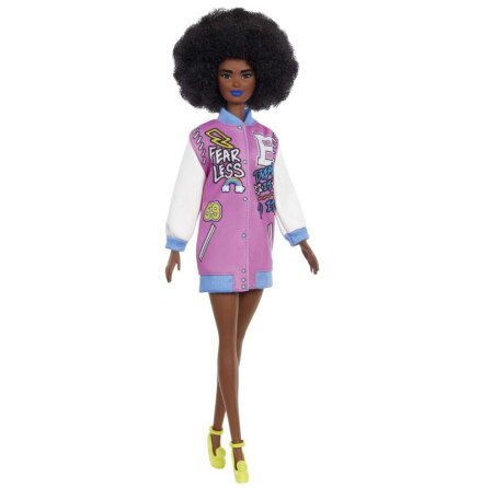 Barbie Fashionista Docka, Afro med Blått Läppstift och grafisk Jacka
